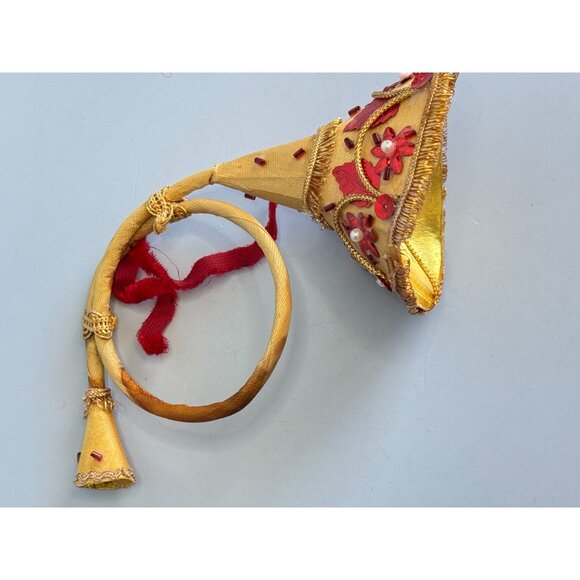 Handcrafted Decorative Gold & Red Horn Ornament With Embroidery & Pearl Accents - Picture 4 of 8